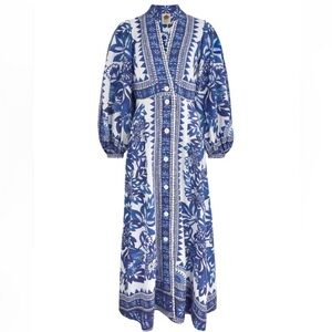 Farm Rio Floral Blue and White Maxi Dress NWOT